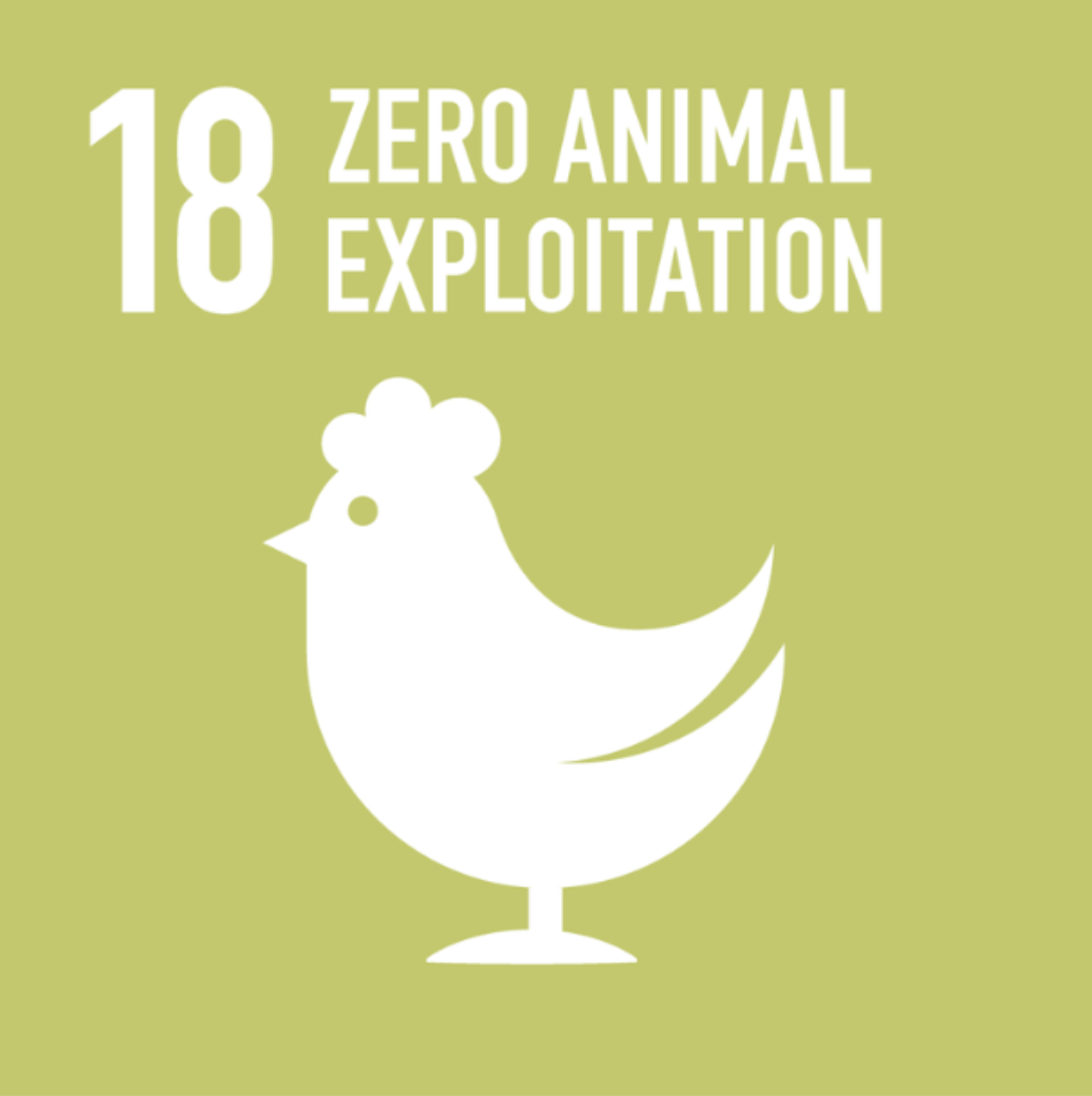 A UN SDG styled tile for proposed SDG 18, Zero Animal Exploitation, featuring a chicken
